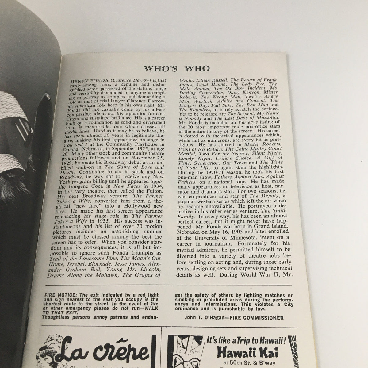 Another inside page from the 1974 Playbill for 'Clarence Darrow', featuring a 'Who's Who' section with detailed biographies and background information about the cast and crew of the production.