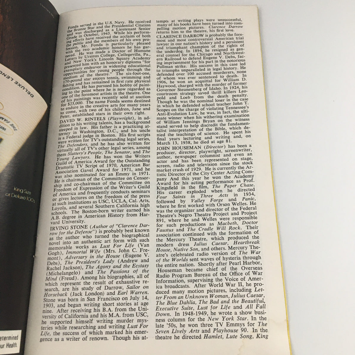 Inside page of the 1974 Playbill for 'Clarence Darrow' featuring cast and production details at the Helen Hayes Theatre with Henry Fonda and John Houseman.