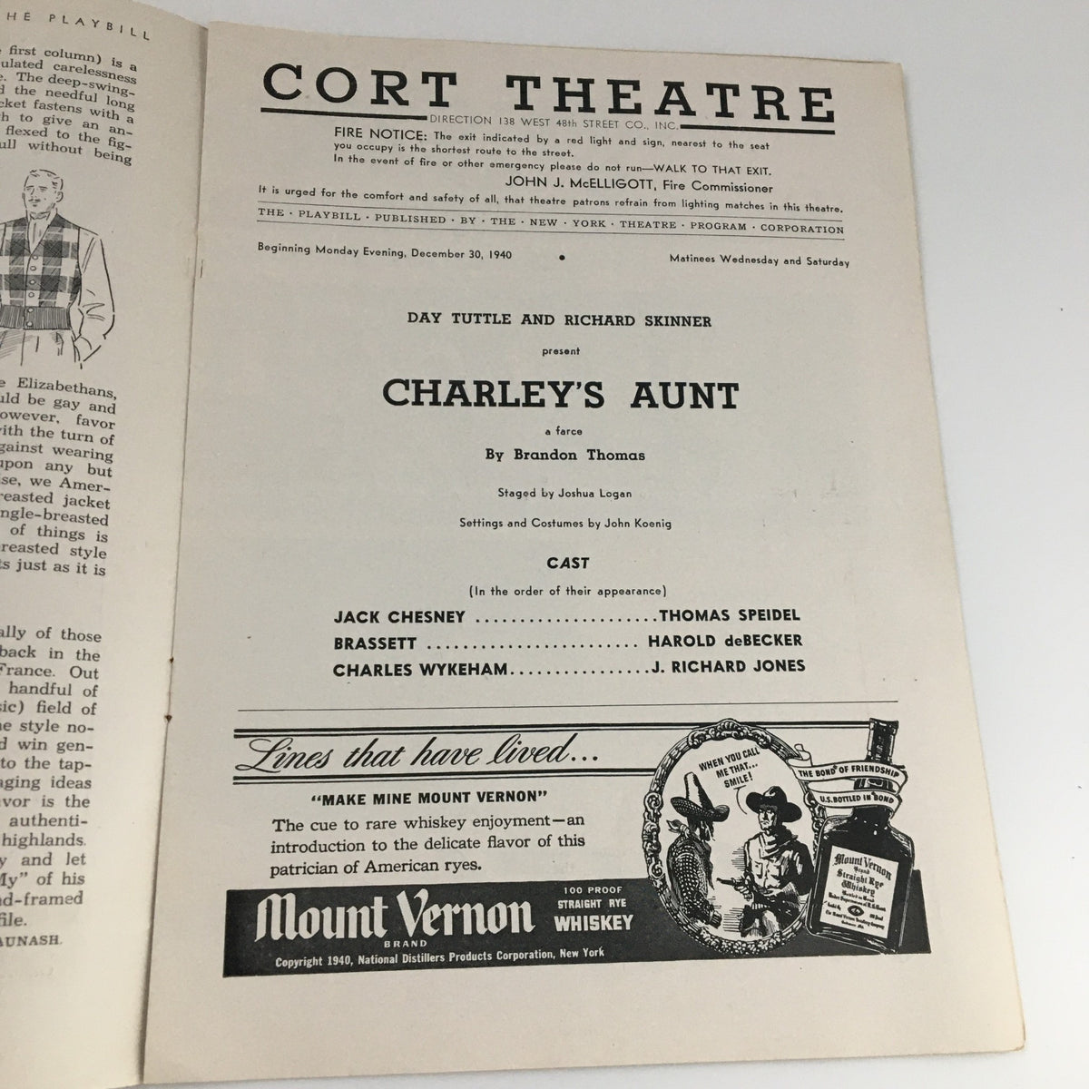 1940 Playbill from Cort Theatre for 'Charley's Aunt' featuring Day Tutle and Richard Skinner. The playbill includes the cast list and production details, showcasing a piece of theatrical history.