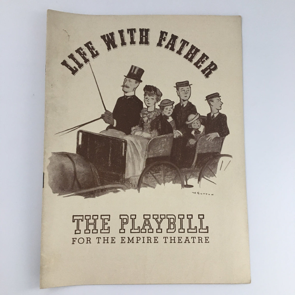 1941 Playbill for 'Life With Father' at The Empire Theatre featuring a vintage illustration of a family in a carriage, showcasing the charm of classic theatre memorabilia.