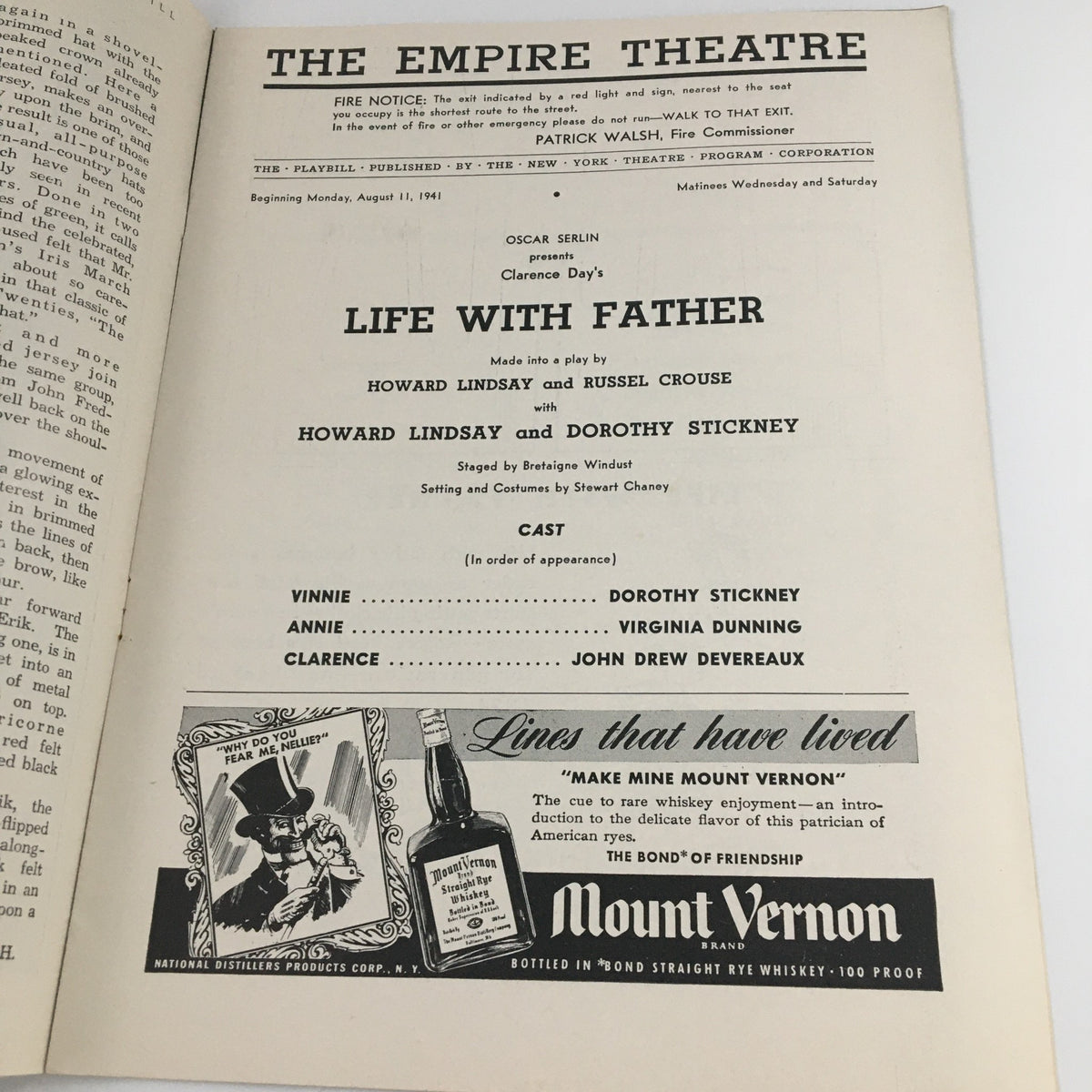 Interior page of the 1941 Playbill for 'Life With Father' at The Empire Theatre, detailing the cast and production information, highlighting its historical significance.