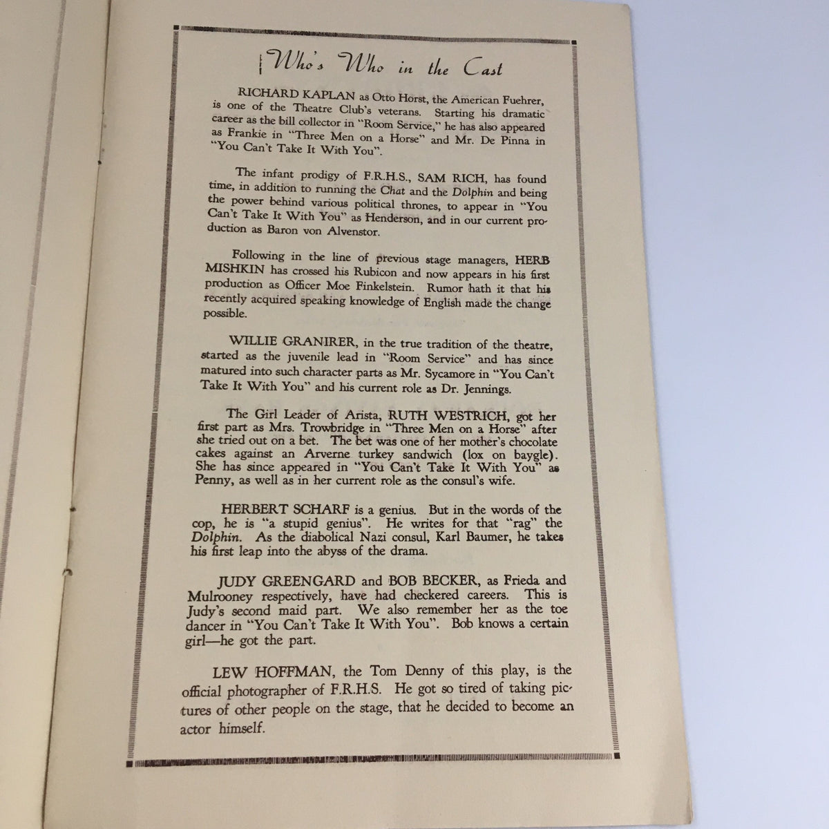 1941 Far Rock Away High School Play 'Margin for Error' cast details featuring notable performers Richard Kaplan, Sam Rich, and others.