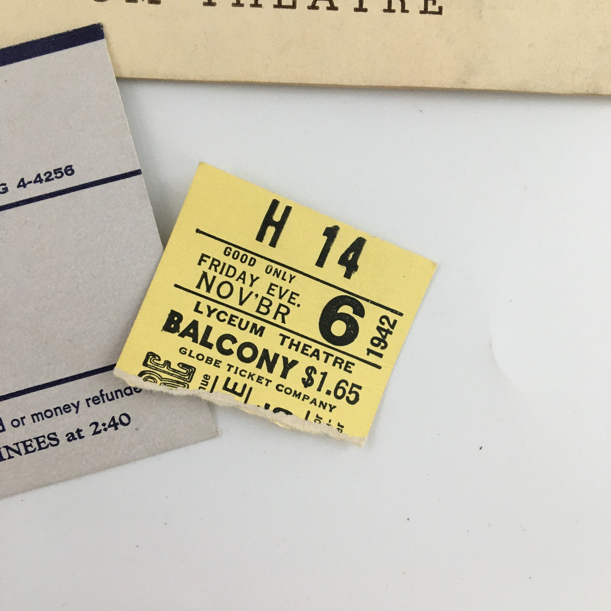 Original 1942 Lyceum Theatre ticket for 'Junior Miss', featuring seating details and pricing.