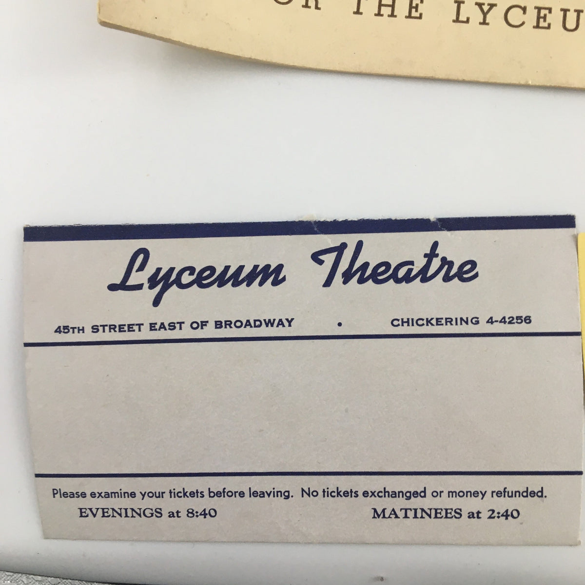 Vintage Lyceum Theatre information card for the 1942 show 'Junior Miss', detailing performance times and ticket policies.
