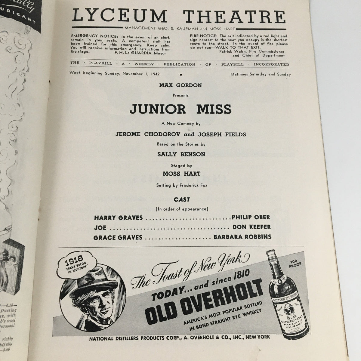 Inside view of the 1942 Playbill for 'Junior Miss' at Lyceum Theatre, showcasing cast details and production information.