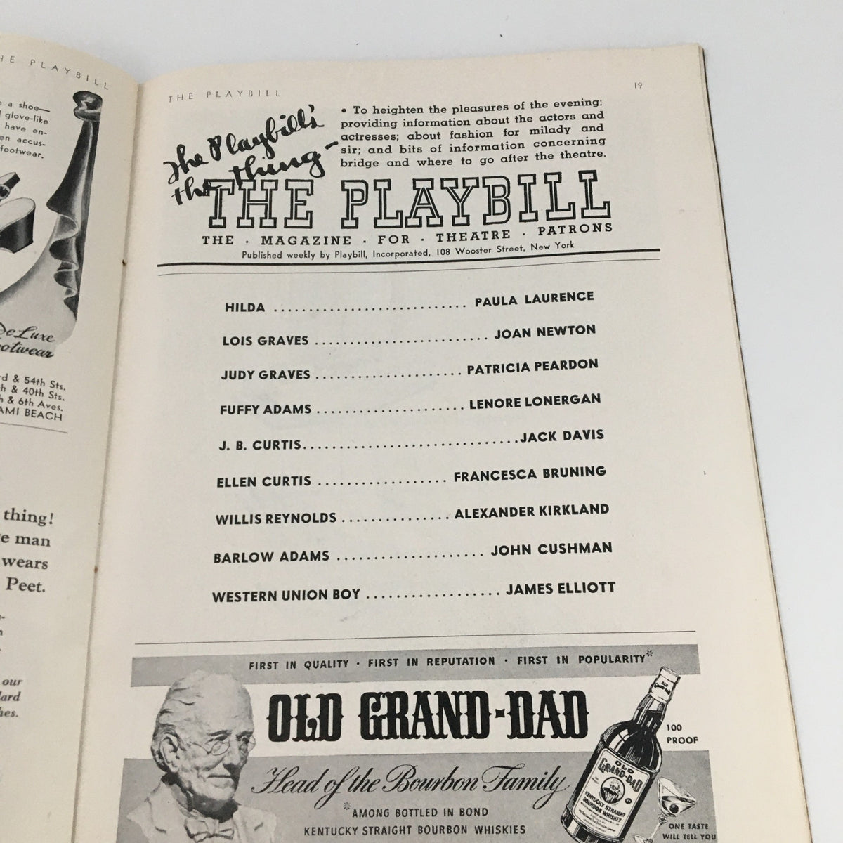 Another page from the 1942 Playbill for 'Junior Miss' at Lyceum Theatre, featuring more cast members and theatrical advertisements.