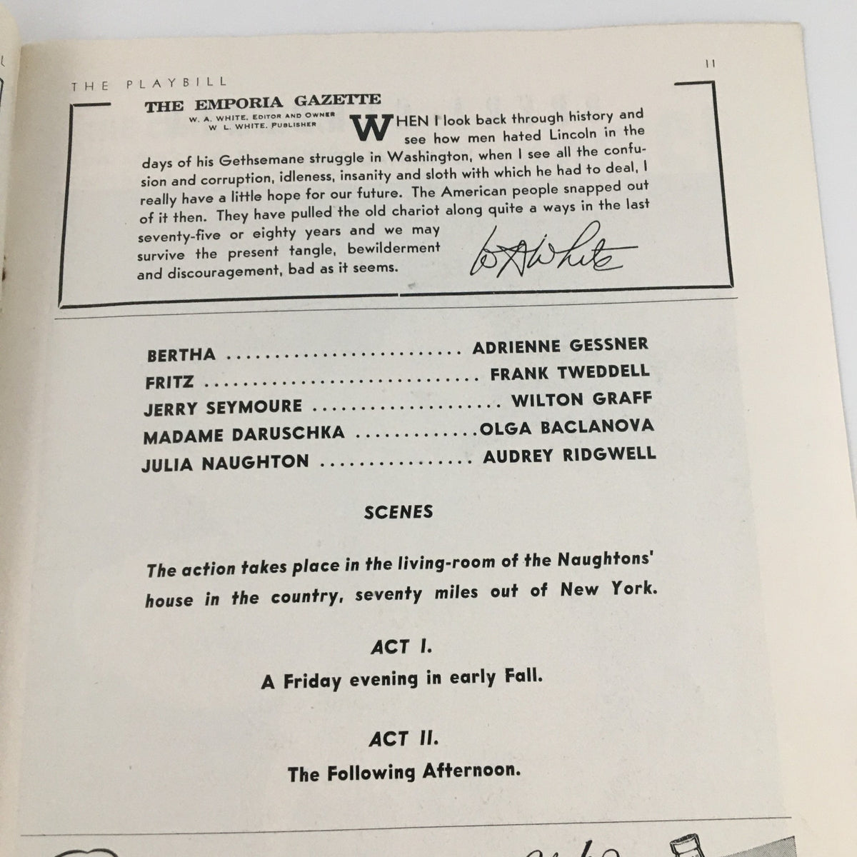 Second inside page of the 1942 Playbill for 'Claudia' with additional cast details and scenes description at St. James Theatre.