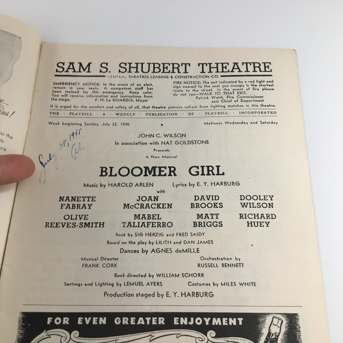 Interior page of the 1945 Playbill for 'Bloomer Girl' with information about the production, performers Nanette Fabray and David Brooks, and the theatre.