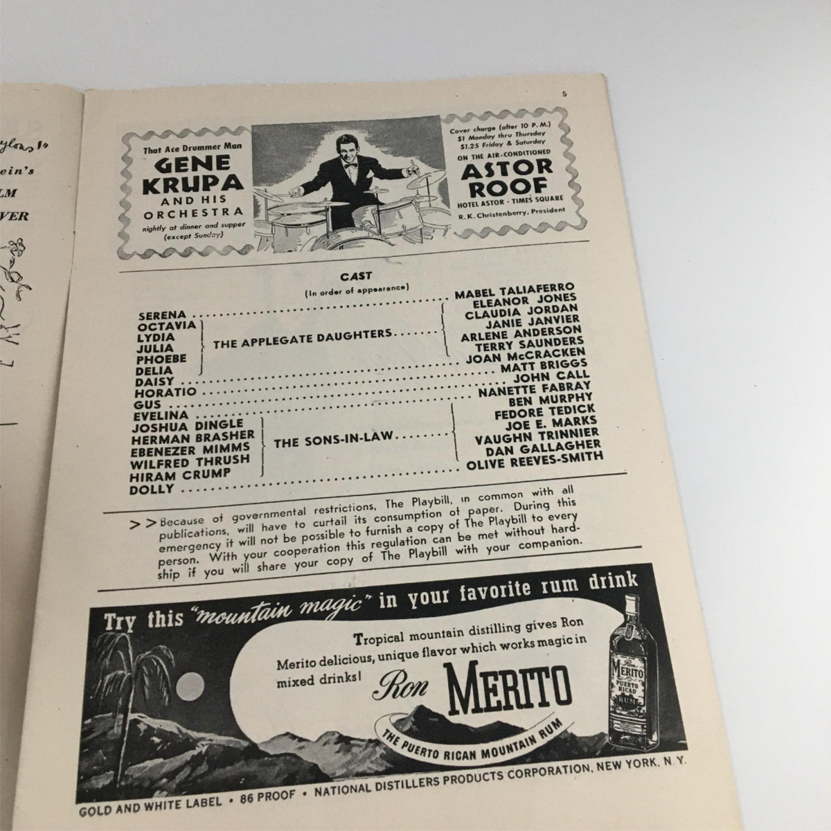 Another interior page from the 1945 Playbill for 'Bloomer Girl' listing the cast and featuring an advertisement for Gene Krupa and his orchestra.