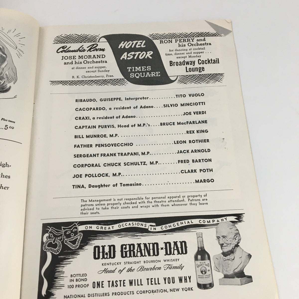 Another interior page from the 1945 Playbill for 'A Bell For Adano' highlighting advertisements and additional cast information.