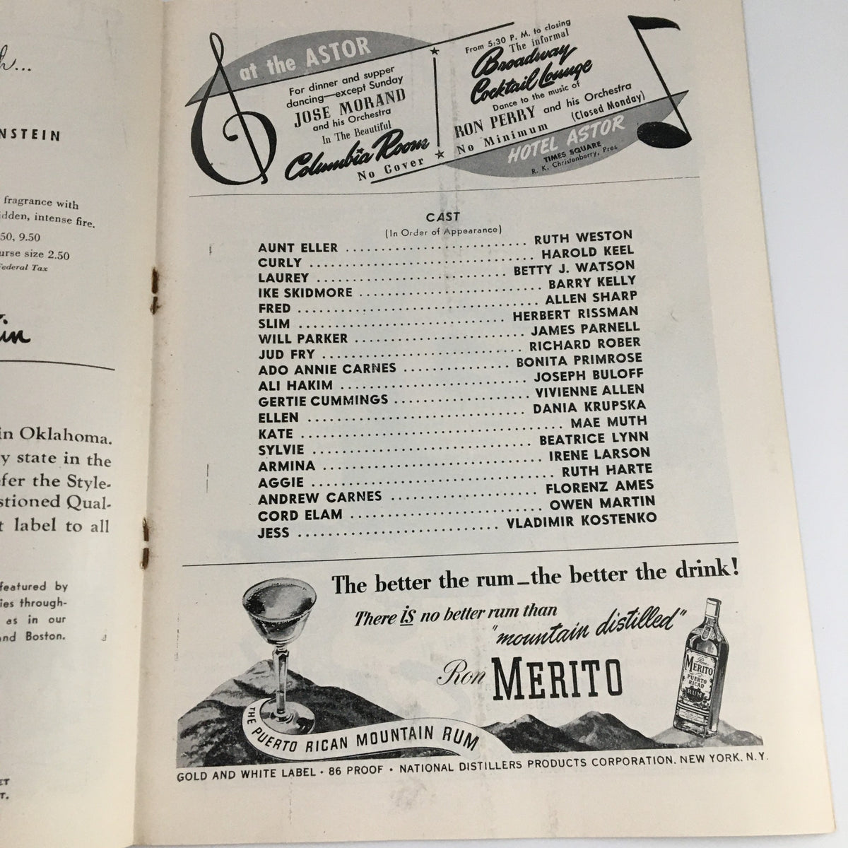 Page showing cast details from the 1945 Playbill for 'Oklahoma' at the St. James Theatre, featuring actor names and descriptions, along with promotional advertisements.