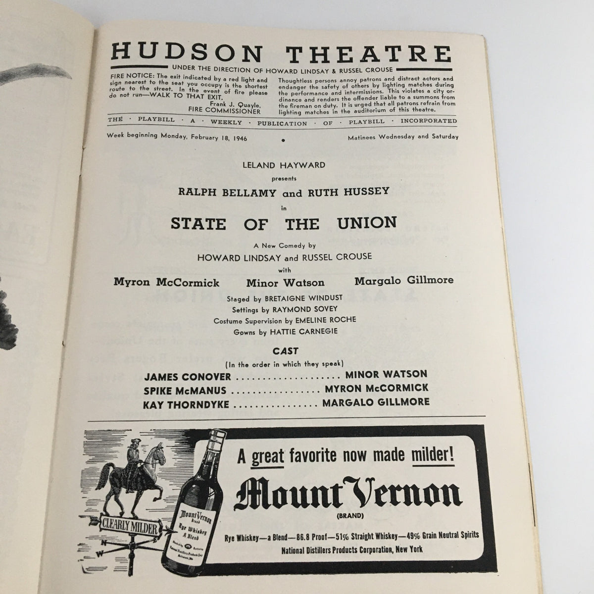 1946 Playbill from the Hudson Theatre for 'State of the Union' featuring cast details including Myron McCormick and Minor Watson.