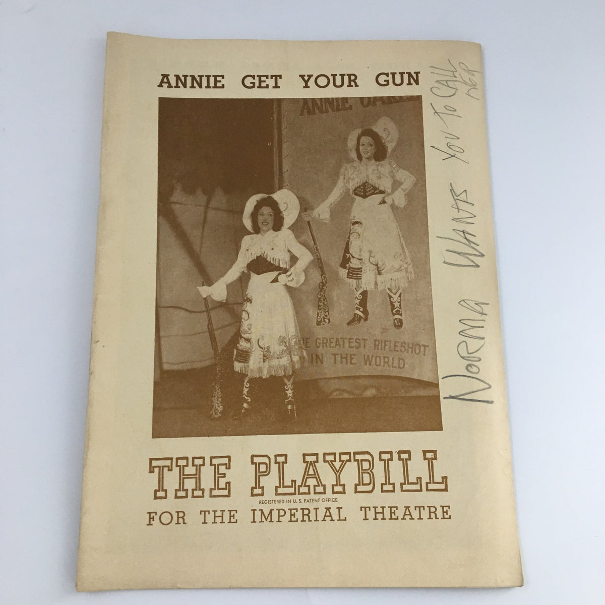 1946 Playbill for 'Annie Get Your Gun' at the Imperial Theatre featuring a vintage cover photo.