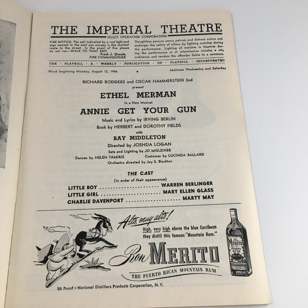 Inside page of the 1946 'Annie Get Your Gun' Playbill listing cast and production details at the Imperial Theatre.