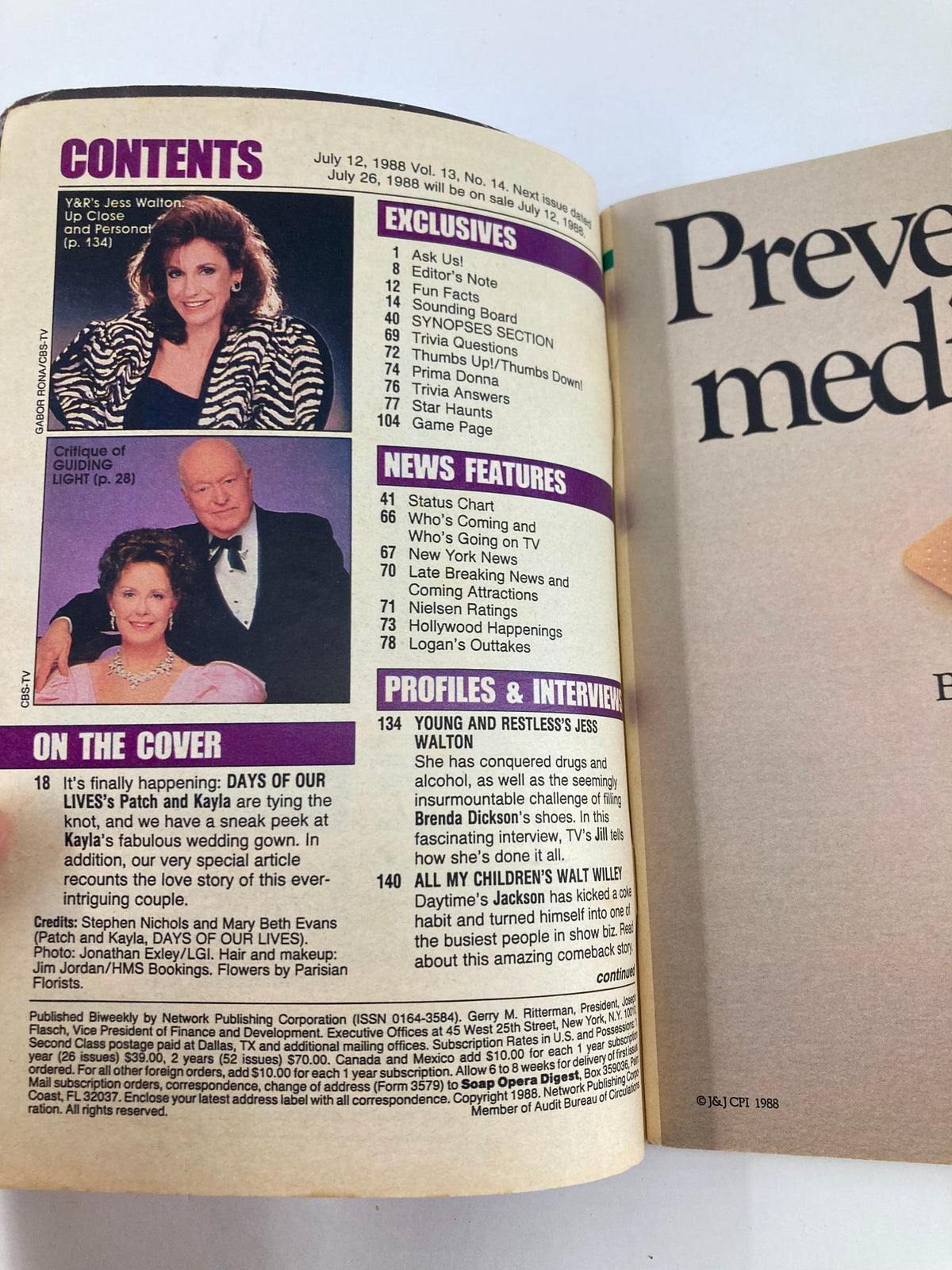 Contents page of VTG Soap Opera Digest from July 12, 1988, featuring articles and interviews with soap stars, including coverage of Mary Beth Evans and Stephen Nichols. Highlights exclusive features, news sections, and profiles related to daytime television.