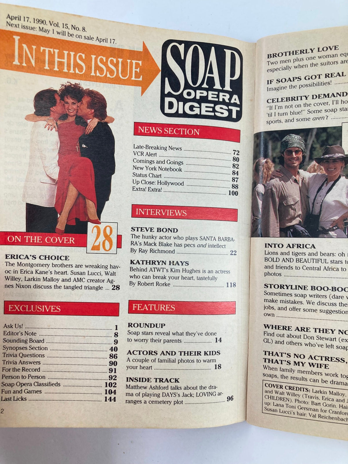 Inside page of Soap Opera Digest April 17 1990 listing features and articles, including the cover story about Erica's love triangle featuring Travis and Jackson.