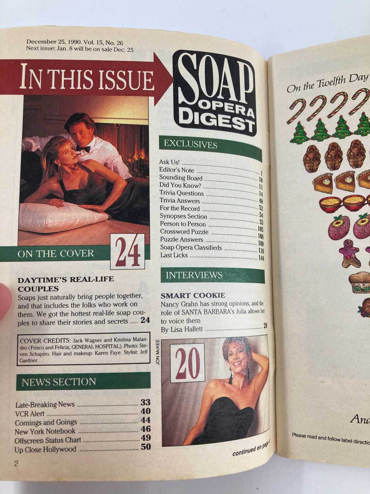 Inside page of Soap Opera Digest December 25 1990 with a feature on Jack Wagner and Kristina Malandro, highlighting the exclusive articles and interviews from that issue.