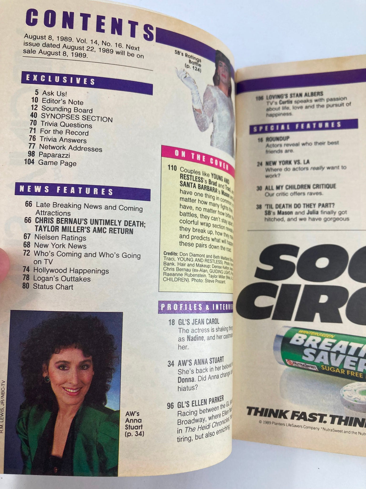 Interior page of Soap Opera Digest from August 8, 1989, showcasing the contents with articles featuring Beth Maitland and Don Diamont. The issue includes sections like editor's note, exclusives, news features, and profiles of soap opera stars.