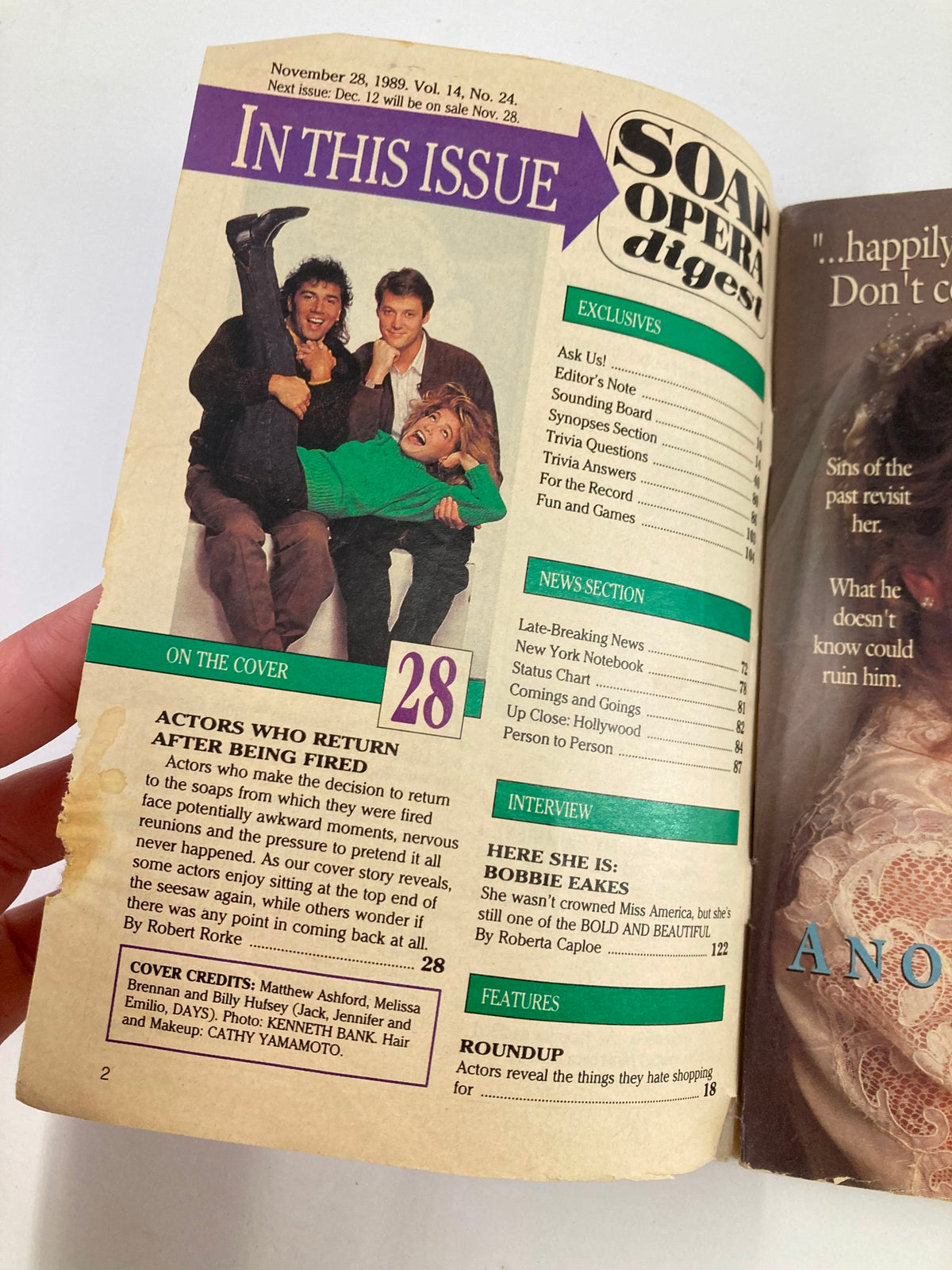 Inside page of VTG Soap Opera Digest November 28 1989 displaying details about the actors featured on the cover along with articles and features in the magazine.