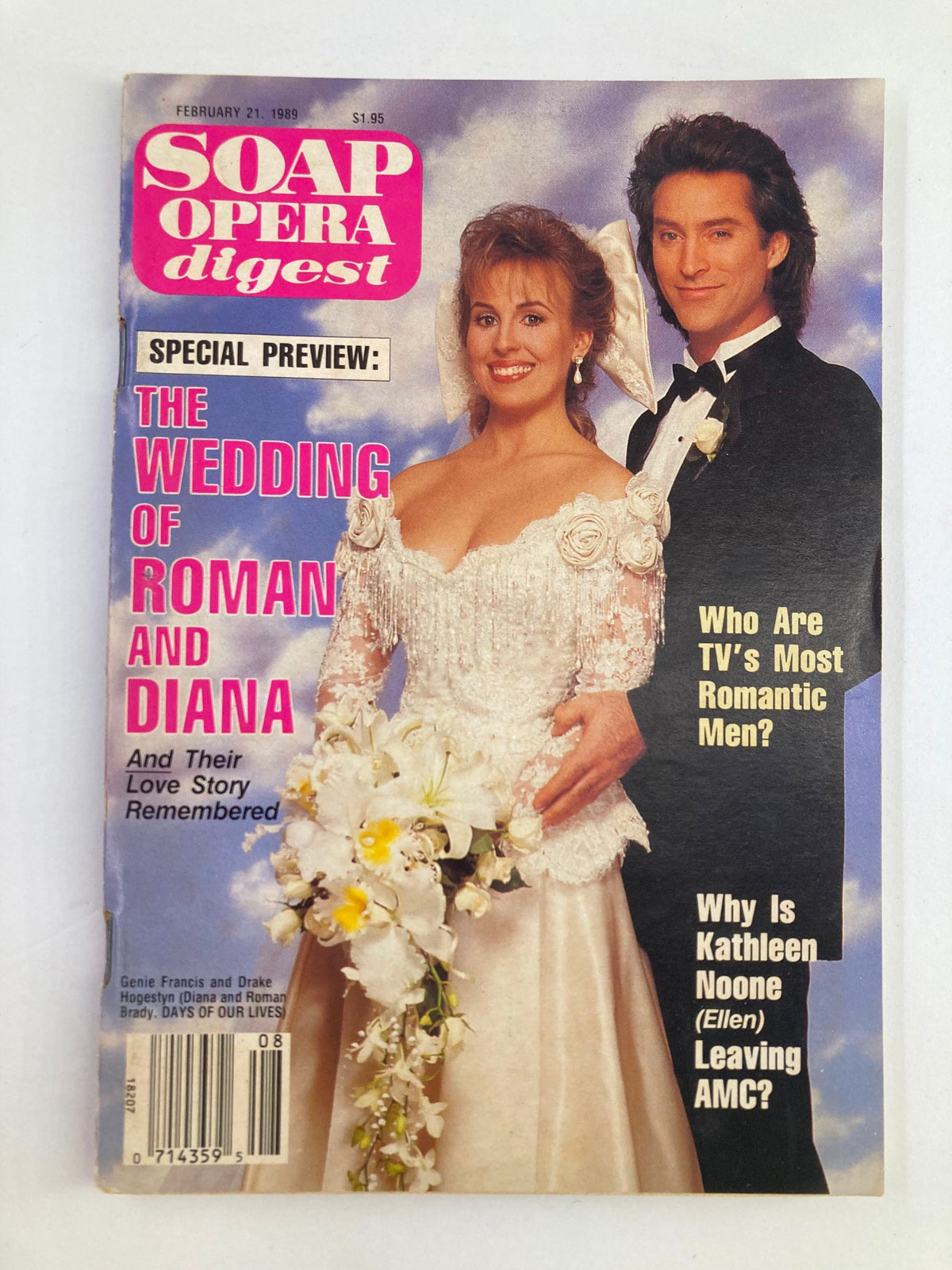 Cover of the VTG Soap Opera Digest February 21, 1989 featuring Genie Francis in a wedding dress and Drake Hogestyn in a tuxedo, promoting the special preview of 'The Wedding of Roman and Diana.' This vintage magazine highlights key moments from soap opera history.