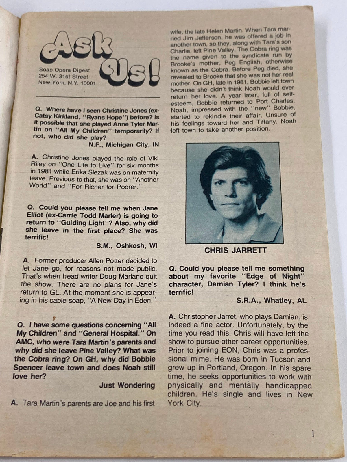 Inside page of the Soap Opera Digest from May 24, 1983, featuring the 'Ask Us!' section with questions and answers about soap operas, including characters from 'All My Children' and 'Guiding Light.'