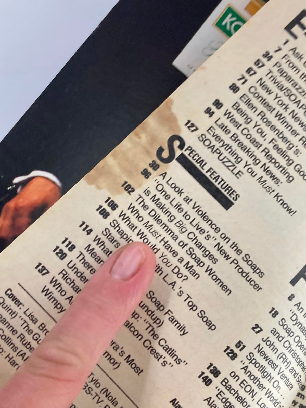 Close-up of a content page from VTG Soap Opera Digest June 21 1983 highlighting features and segments about soap opera stories.