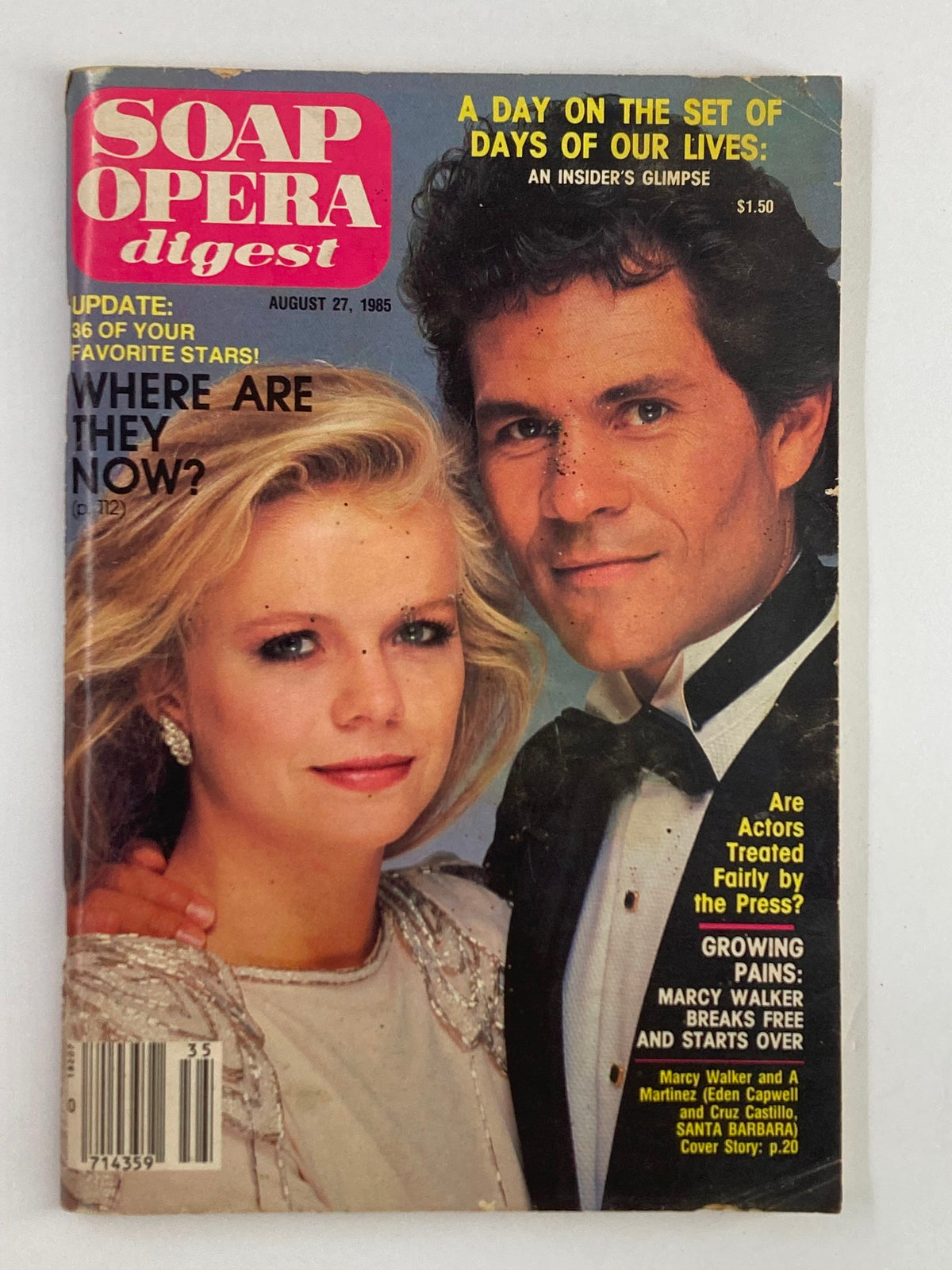VTG Soap Opera Digest August 27 1985 cover featuring Marcy Walker and A. Martinez, showcasing the nostalgia of 1980s soap operas.