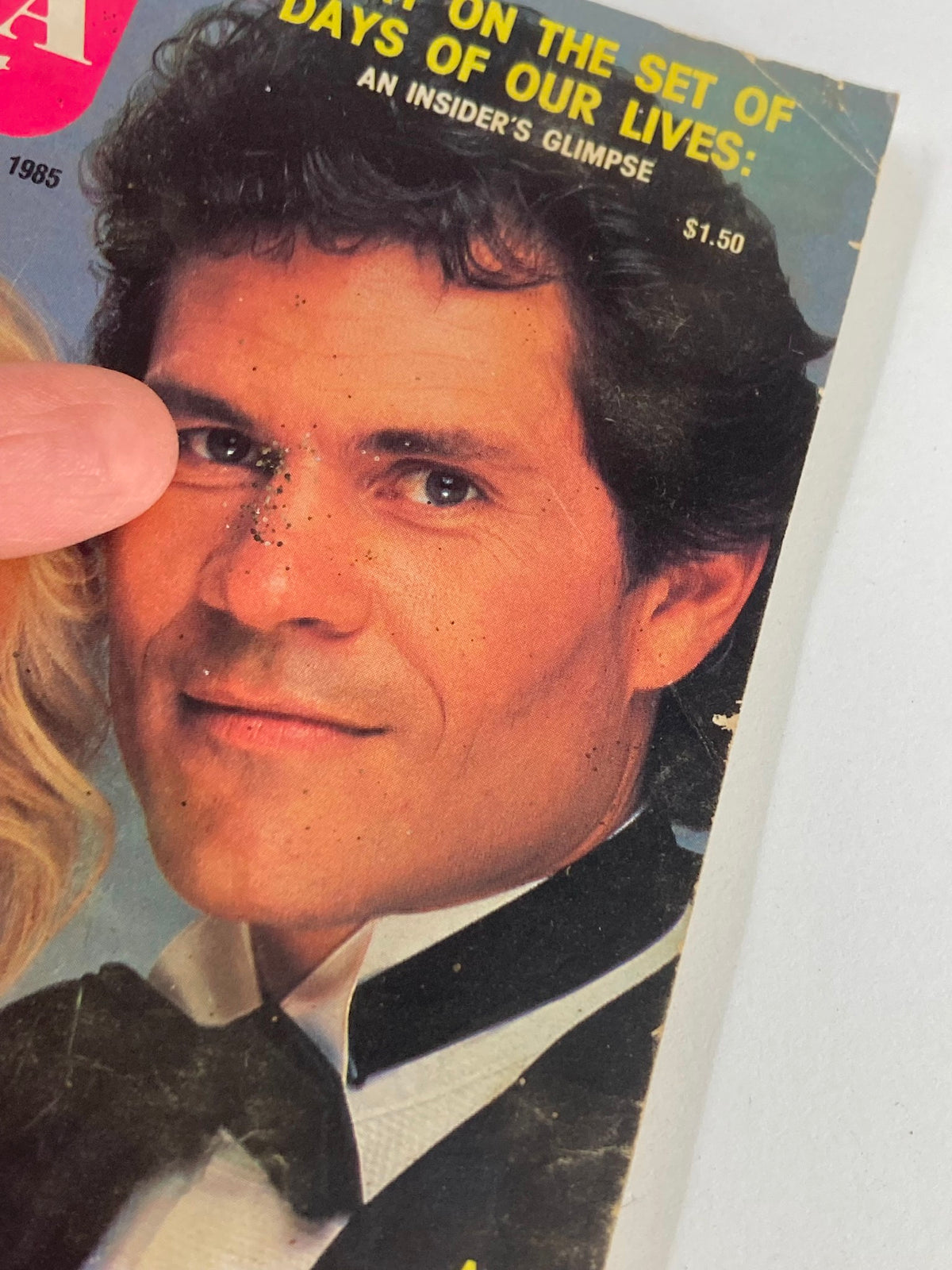 Close-up detail of the VTG Soap Opera Digest August 27 1985 cover highlighting A. Martinez's portrait in a tuxedo.