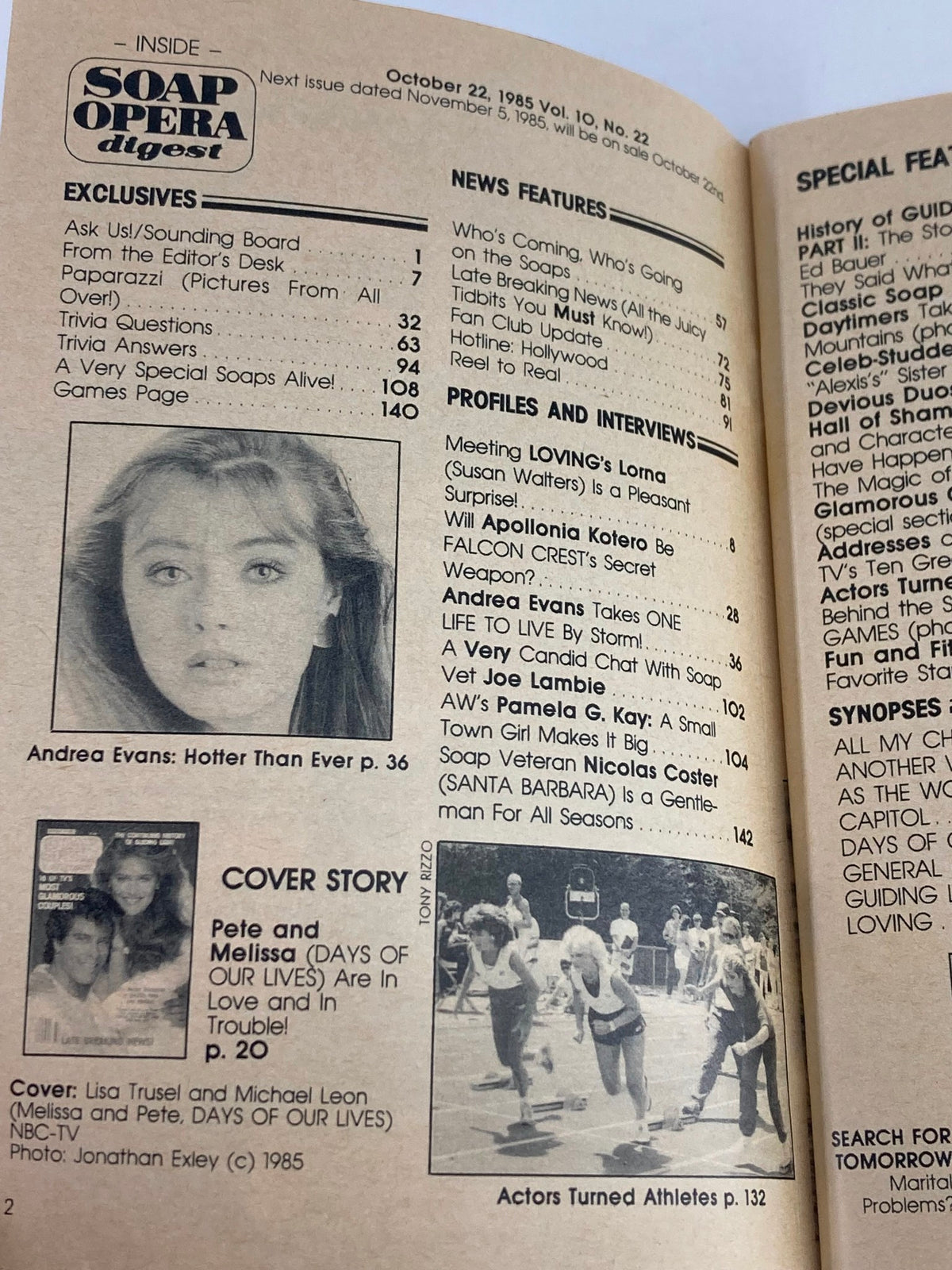 Inside page of VTG Soap Opera Digest October 22, 1985, displaying the contents with featured articles, including the cover story of Michael Leon and Lisa Trusel, and exclusive interviews.