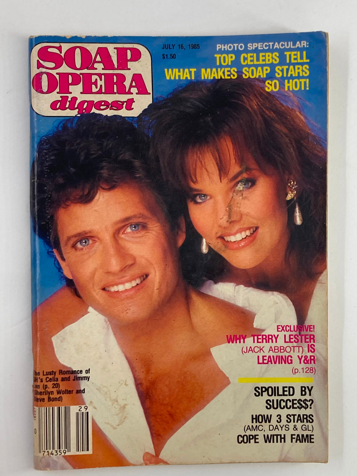 Vintage Soap Opera Digest magazine cover from July 16, 1985 featuring Sherilyn Wolter and Steve Bond. This issue highlights major television moments and includes exclusive interviews and features about popular soap operas.