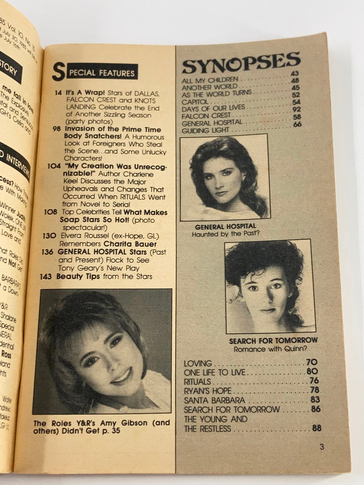 Interior page of VTG Soap Opera Digest July 16 1985 showcasing special features and synopses of popular soap operas like General Hospital, with images of soap stars and highlights from the magazine.