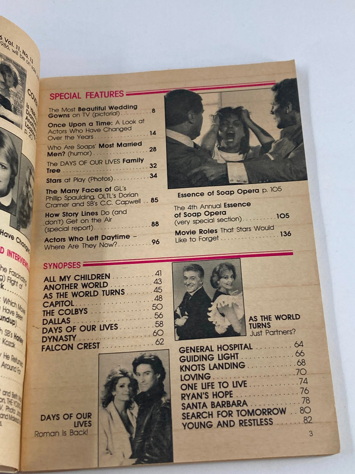 Another inside page of VTG Soap Opera Digest July 1 1986, listing special features and synopses of different soap operas, reflecting the magazine's content for fans.