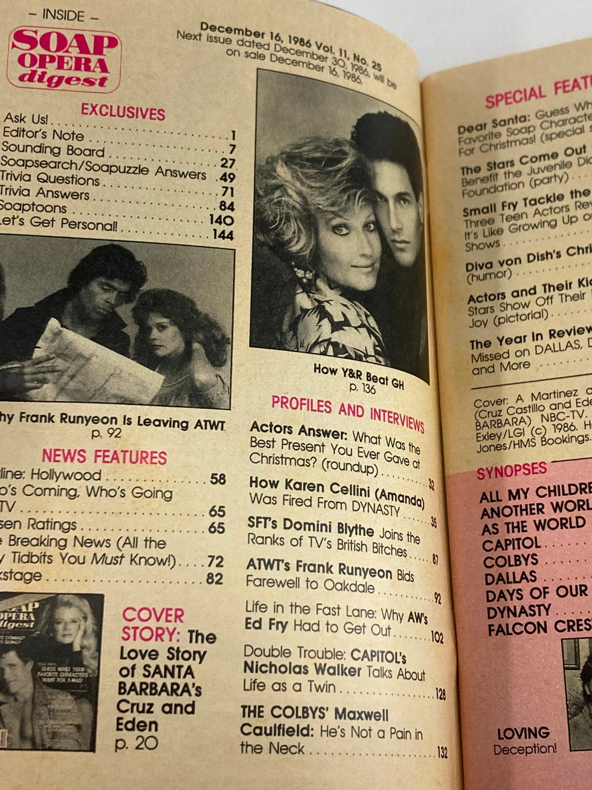 Inside pages of VTG Soap Opera Digest December 16, 1986 featuring A Martinez and Marcy Walker. Highlights articles, profiles, and exclusive features related to 1980s soap opera dramas.