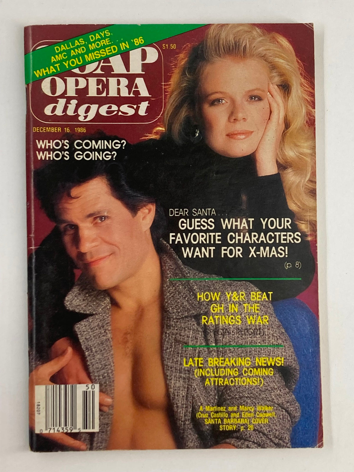Vintage Soap Opera Digest December 16, 1986 featuring A Martinez and Marcy Walker on the cover, highlighting soap opera stories and interviews from the 1980s.
