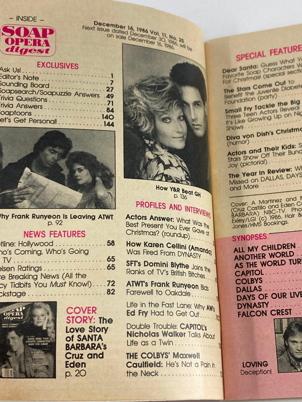 Inside page of the Vintage Soap Opera Digest December 16, 1986, showcasing magazine contents, including profiles and features on popular soap operas.