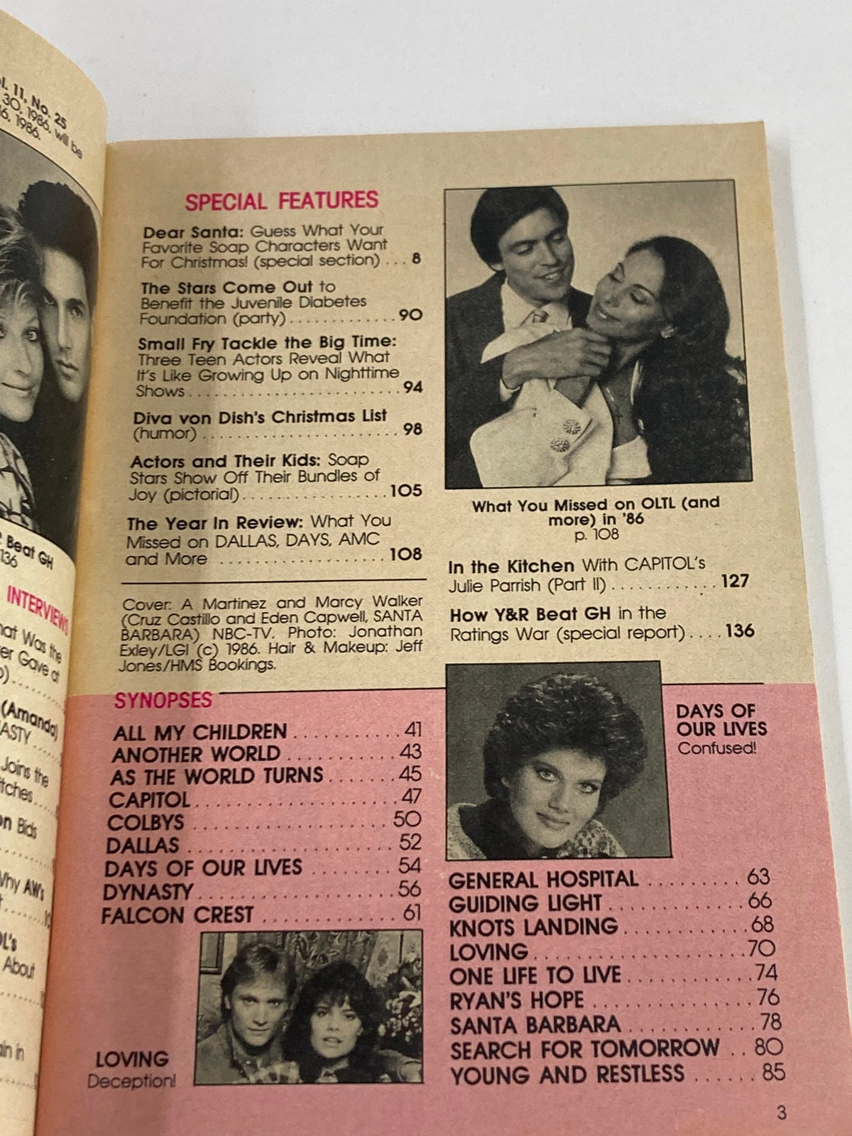 Inside page of VTG Soap Opera Digest December 16 1986 featuring special features and synopses of popular soap operas like All My Children, Days of Our Lives, and General Hospital, highlighting stars A Martinez and Marcy Walker.
