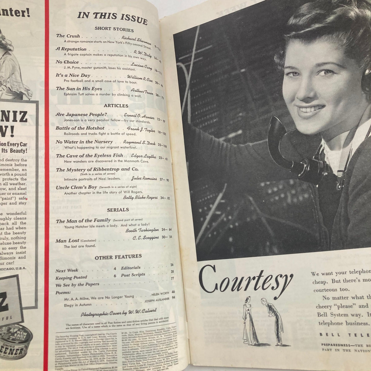 Inside page of The Saturday Evening Post Magazine from November 16, 1940, displaying the table of contents including the short story "The Crush" by Richard Sherman.