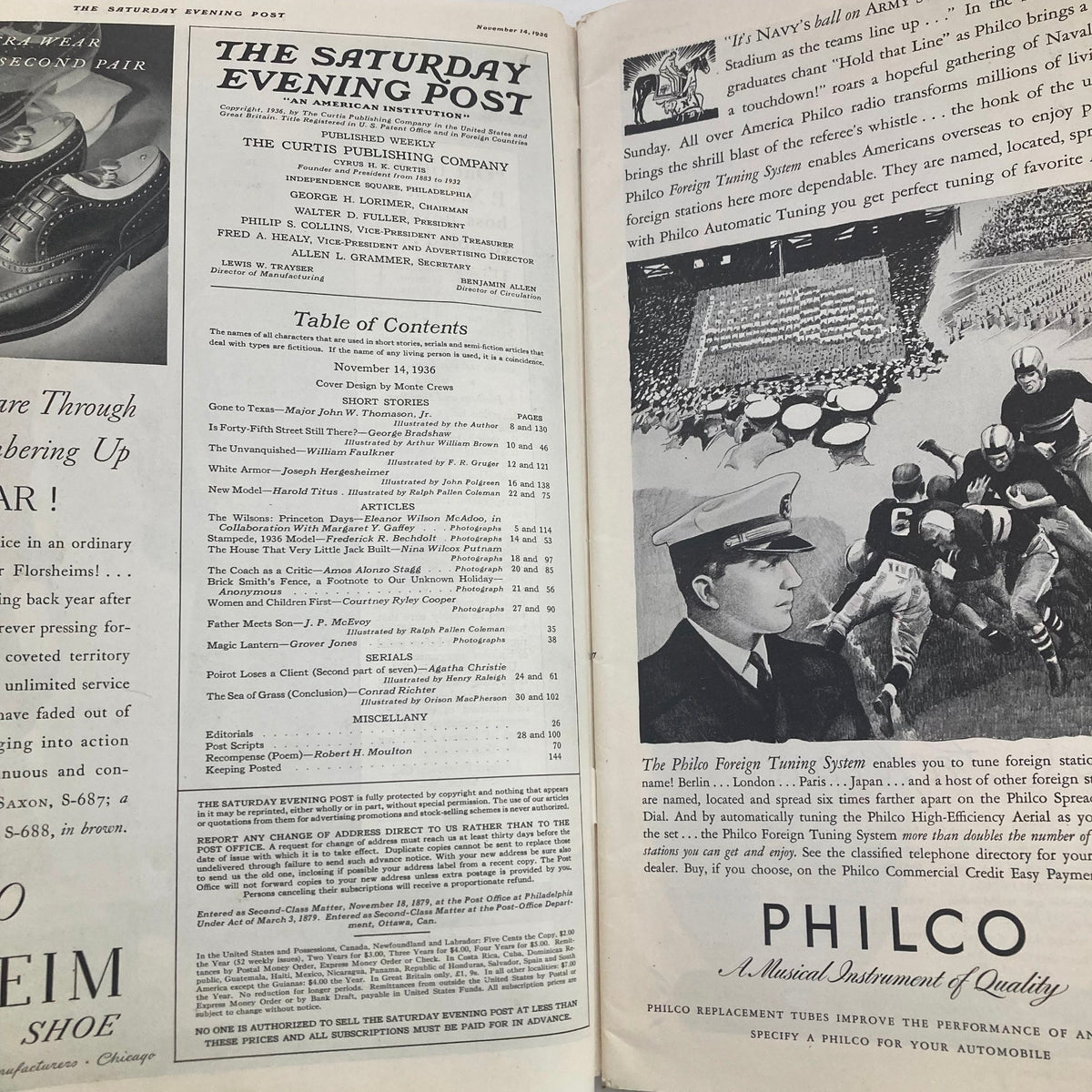 Interior view of The Saturday Evening Post Magazine from November 14, 1936, featuring the table of contents and advertisements, highlighting various articles including 'The Wilsons' by Eleanor Wilson McAdoo.