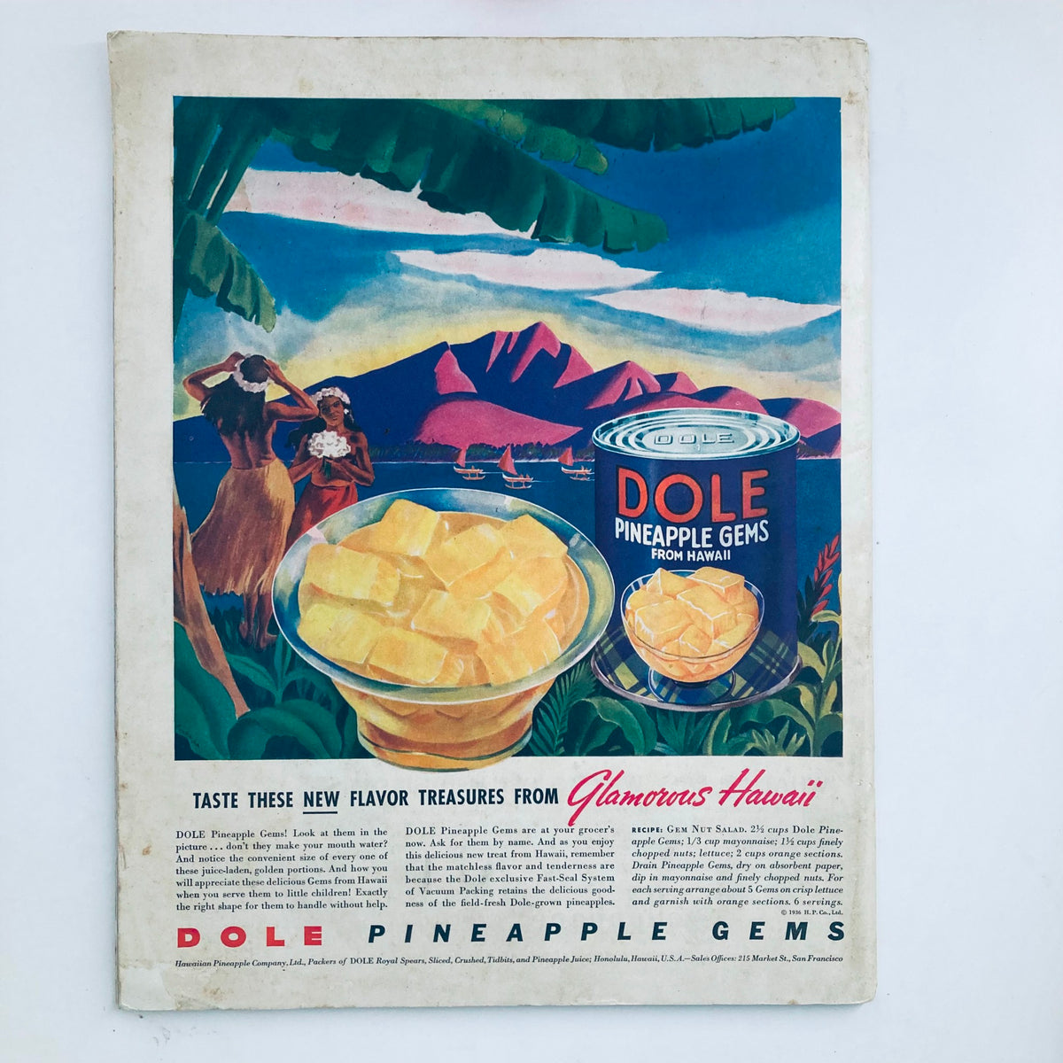 Vintage advertisement for Dole Pineapple Gems showcasing tropical scenery with two women in traditional attire, featuring the product can and serving dish, from The Saturday Evening Post Magazine November 14 1936 The Wilsons by Eleanor W. M.