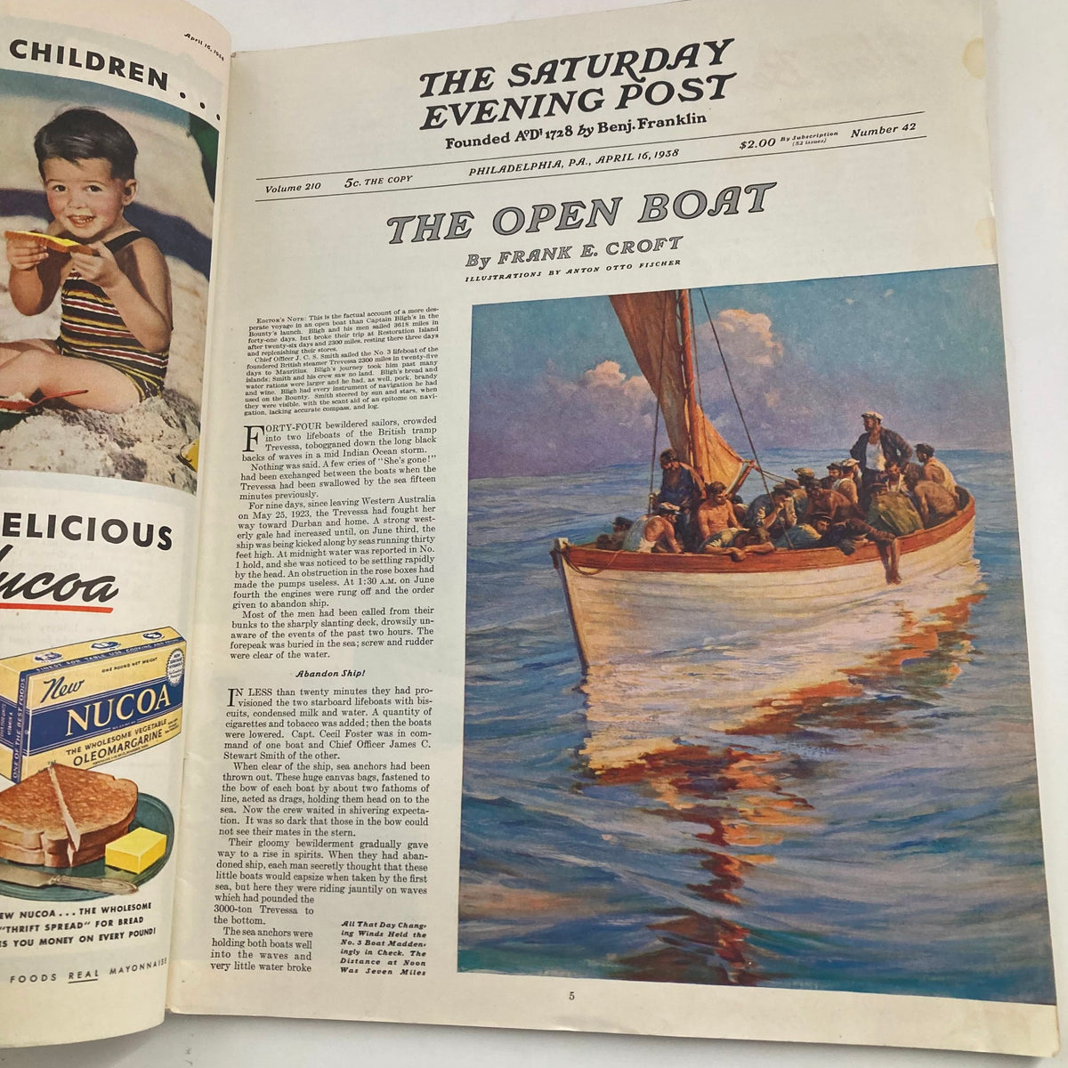 The Saturday Evening Post Magazine April 16 1938 interior page showcasing an article titled 'The Open Boat' by Frank E. Croft with an illustration of sailors in a boat on the water.