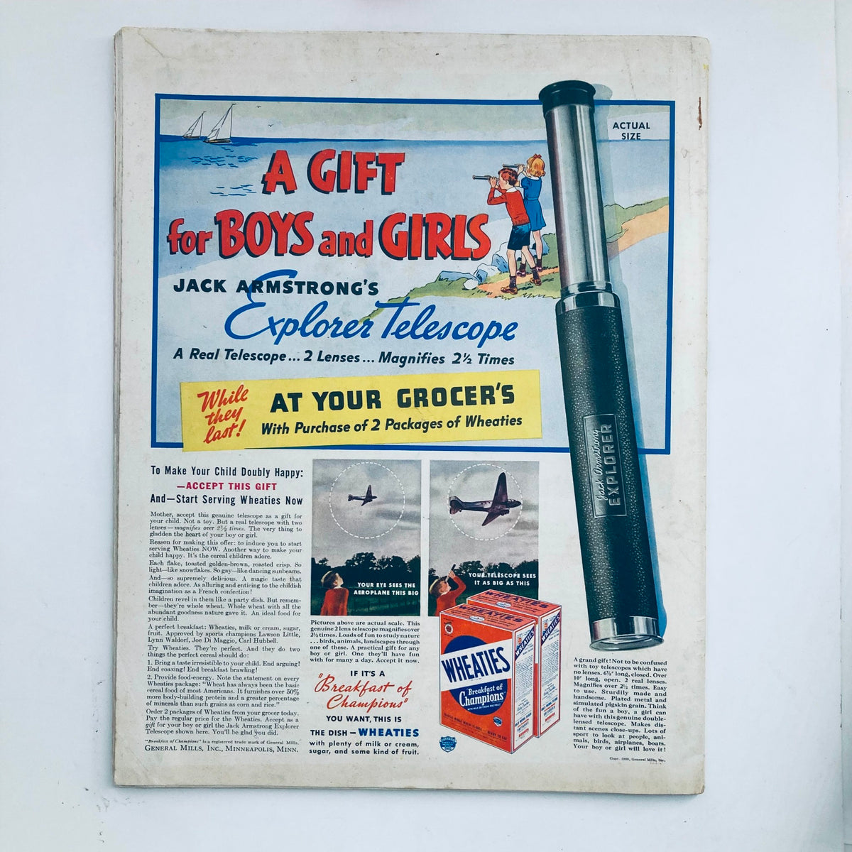 Vintage advertisement for Jack Armstrong's Explorer Telescope featured in The Saturday Evening Post Magazine April 16 1938, showcasing a colorful illustration that appeals to boys and girls.