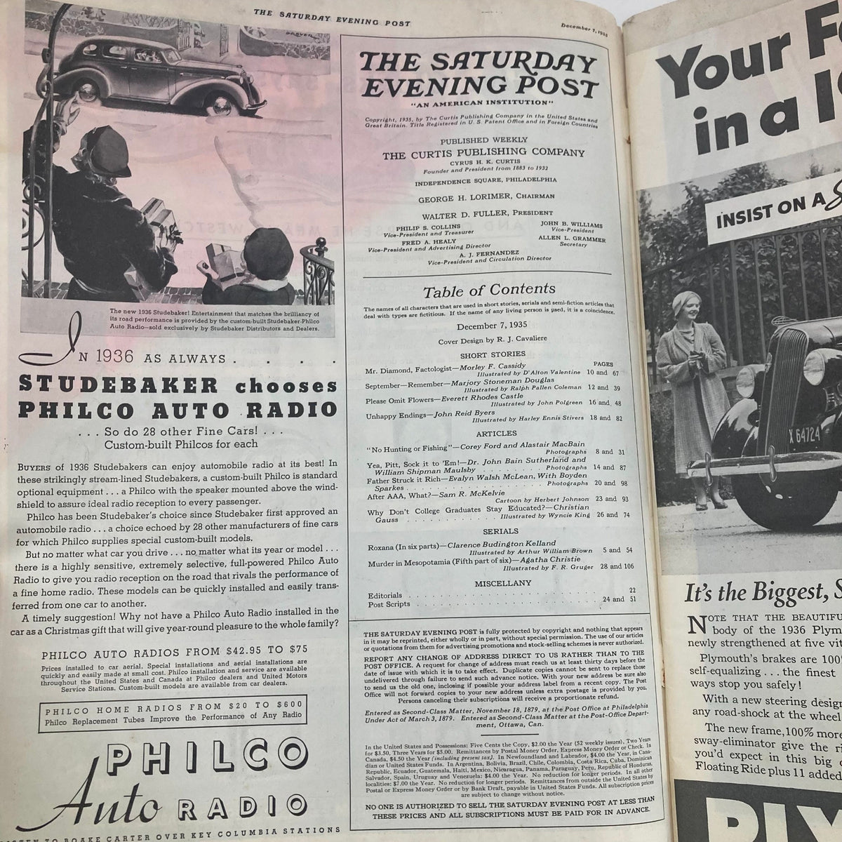 Interior page of The Saturday Evening Post Magazine from December 7, 1935, displaying articles, advertisements, and a table of contents, highlighting the vintage publication's classic layout.