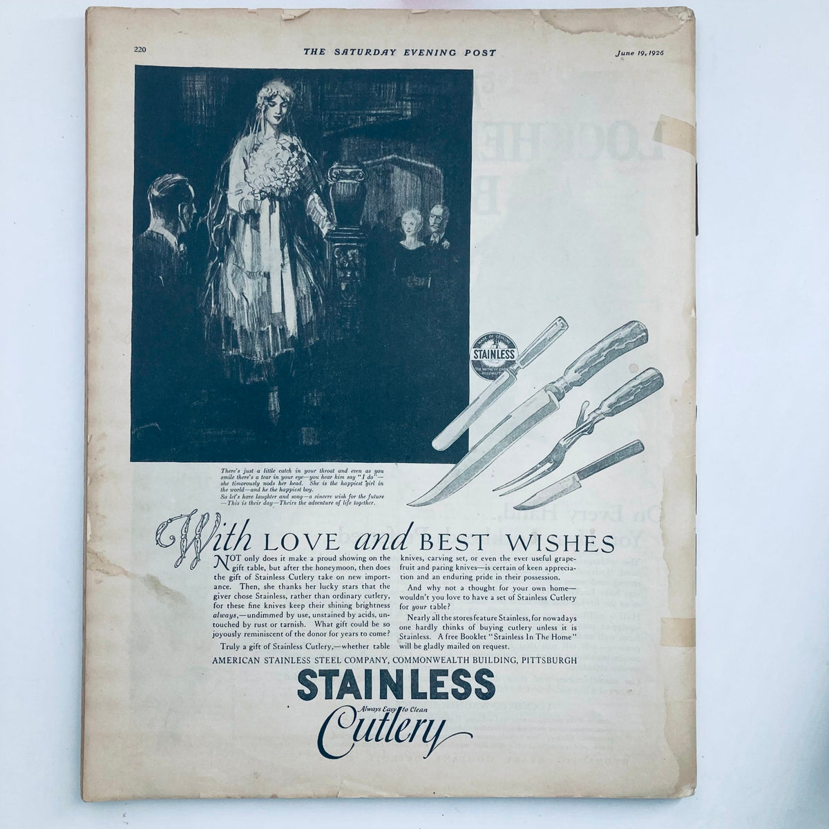 Vintage advertisement from The Saturday Evening Post Magazine June 19 1926 featuring Stainless Cutlery, showcasing kitchen knives with a decorative background and a 'With Love and Best Wishes' message.