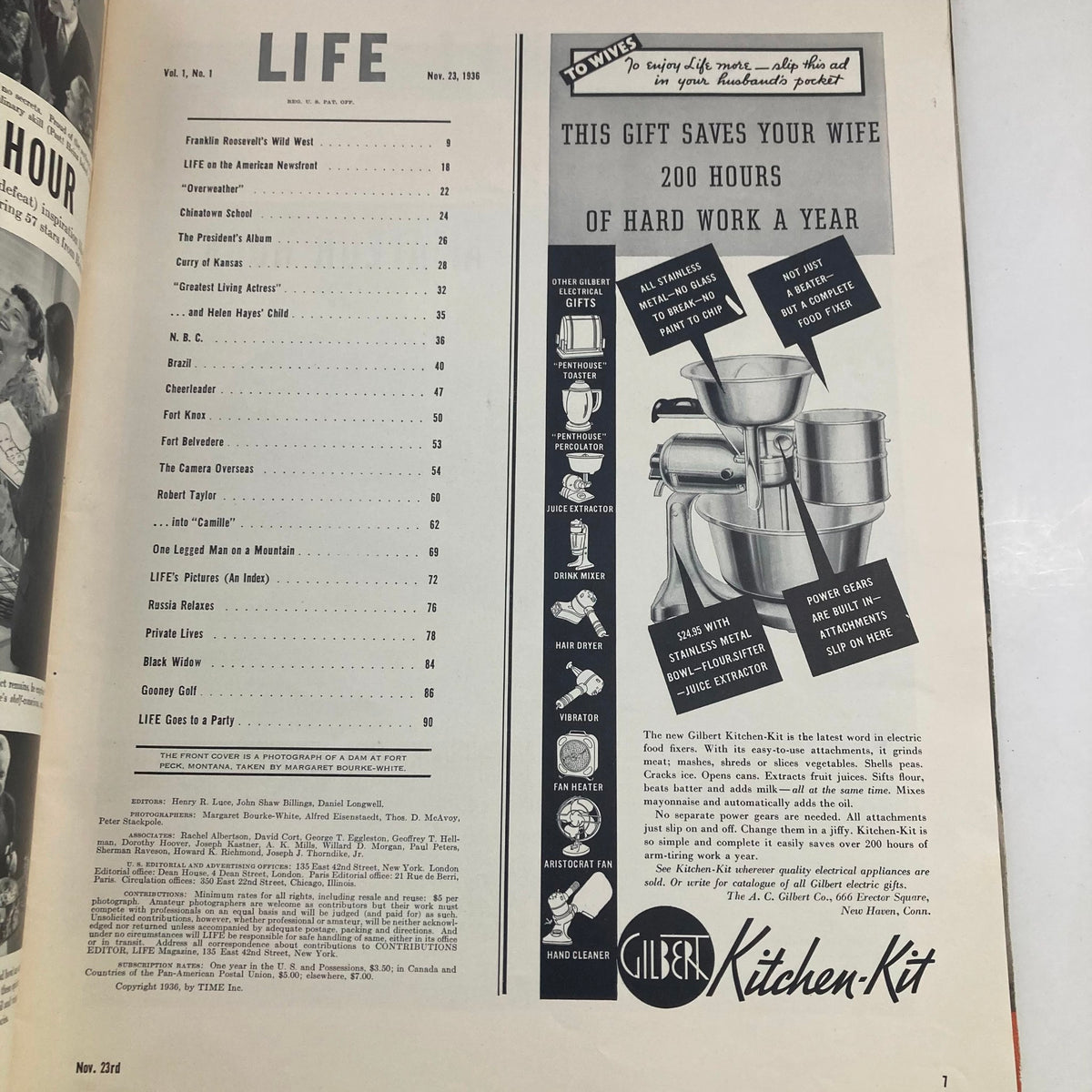 Interior page of VTG Life Magazine 1st Issue November 23 1936 showcasing the table of contents and advertisements from the era.
