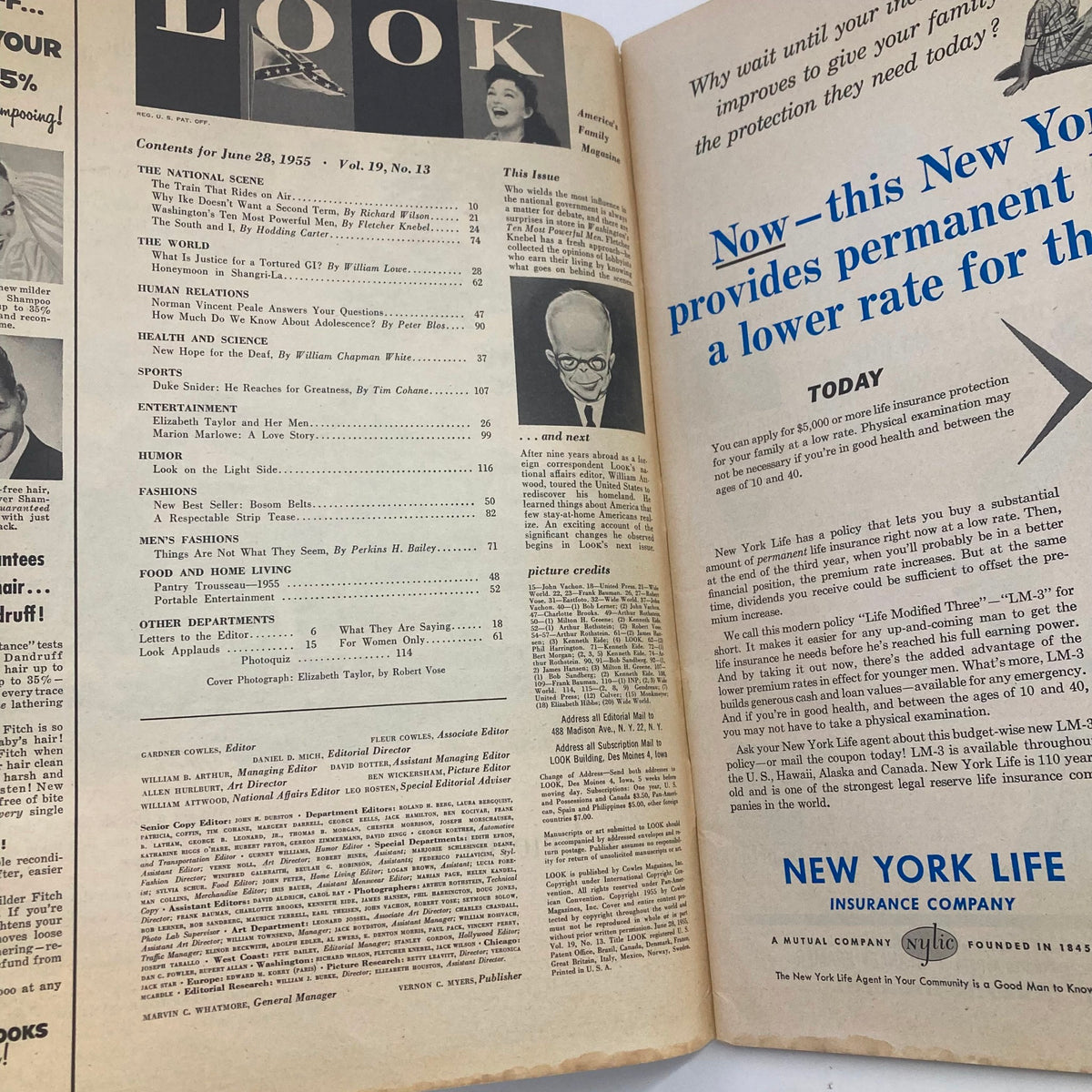 Inside pages of VTG Look Magazine June 28 1955 Vol 19 No. 13 featuring contents and articles, including Elizabeth Taylor and other notable figures of the era.