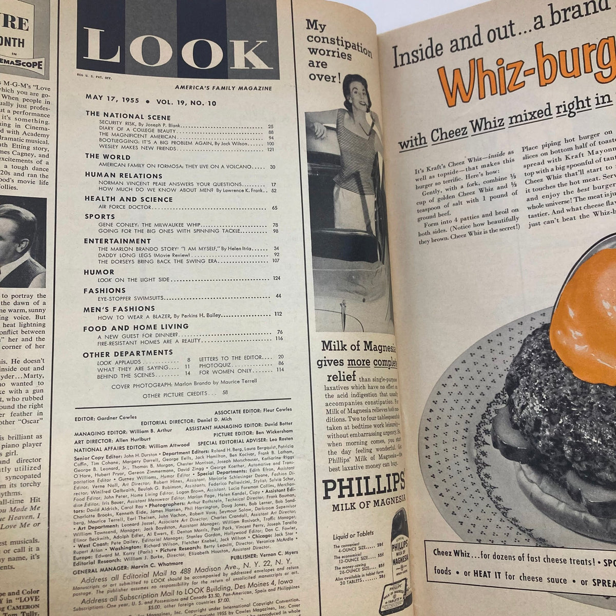 Open page of Look Magazine May 17 1955 featuring the table of contents and advertisements, highlighting cultural insights of the 1950s.