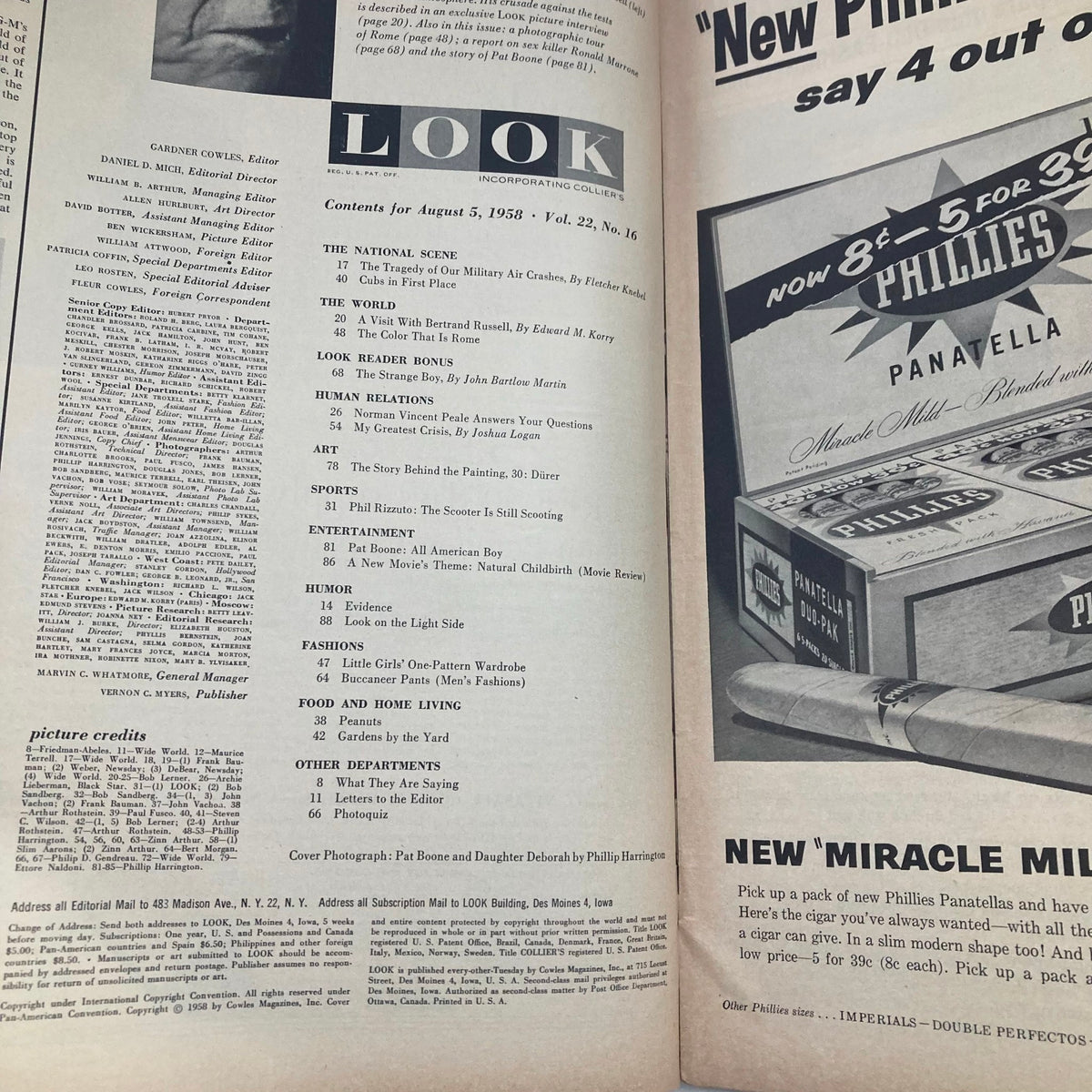 Inside page of VTG Look Magazine August 5 1958, displaying the table of contents including features on entertainment and societal topics.