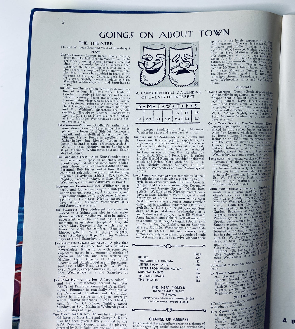 Interior page of The New Yorker Magazine December 18, 1965 displaying the 'Goings On About Town' section, featuring a calendar of events and musical listings.