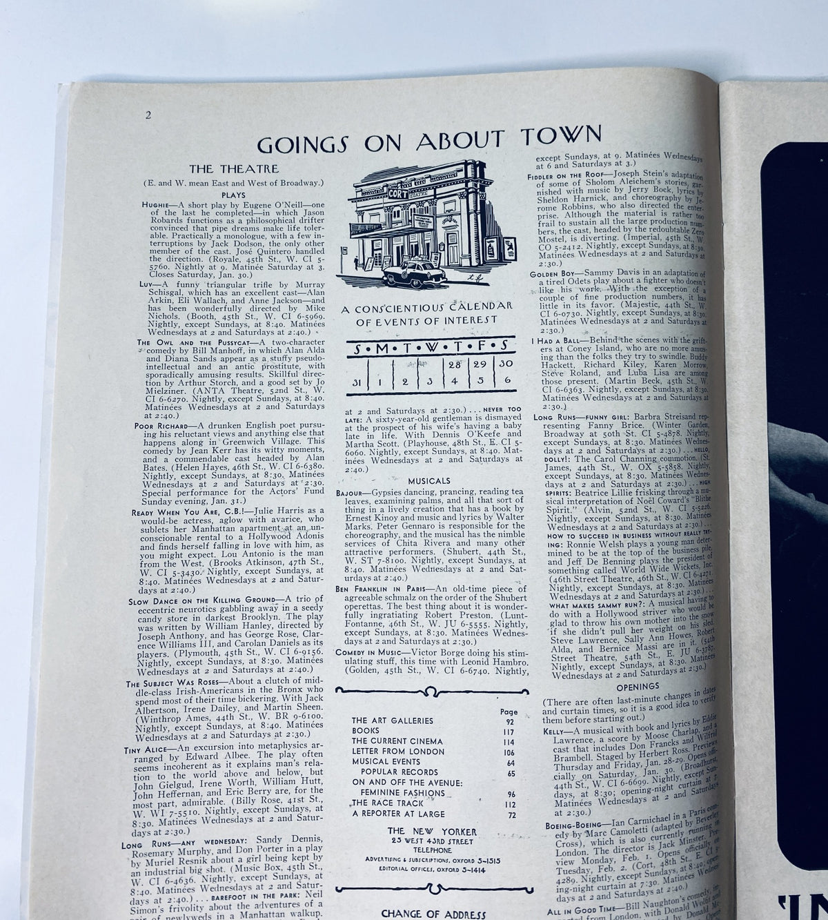 The New Yorker Magazine January 30, 1965 Dinner Party Cover Art by Peter Arno, featuring a detailed page layout titled 'Goings On About Town', showcasing a calendar of events.