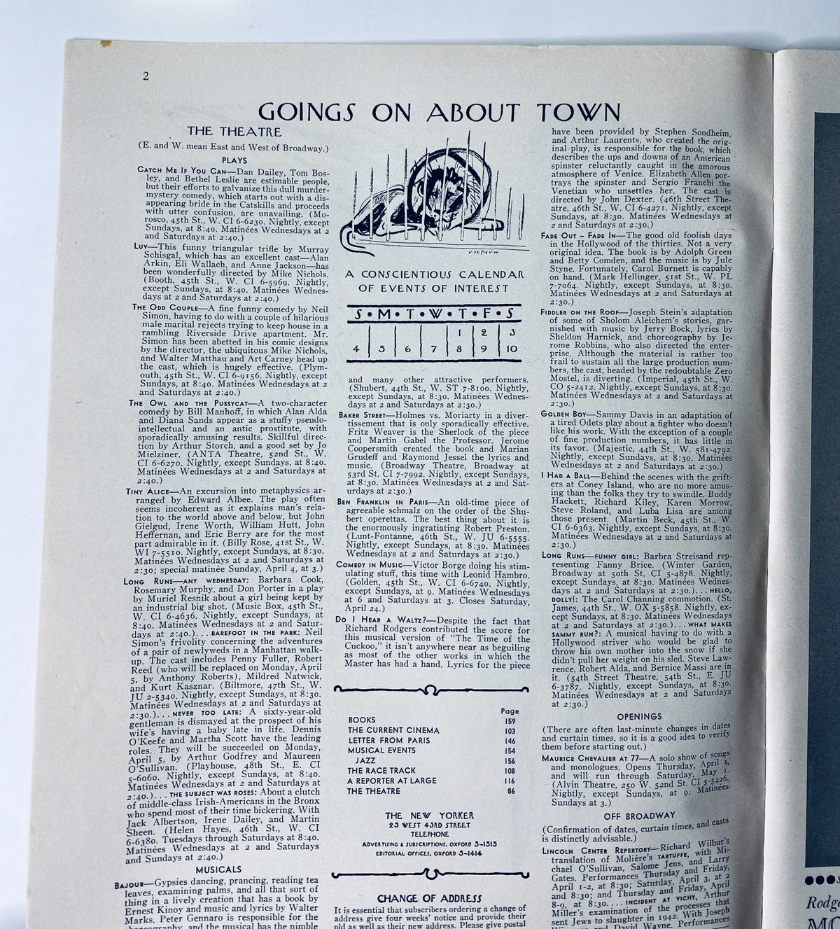 Inside page of The New Yorker Magazine April 3, 1965, titled 'Goings On About Town', detailing theatrical events and interesting happenings in the city.